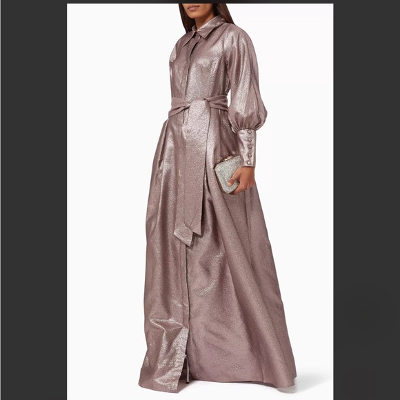 Teri Jon Metallic Jacquard Shirt Dress Event Glown Maxi Long Sleeves Size 12 - Picture 2 of 16